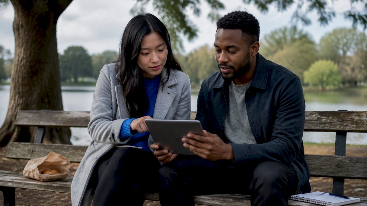 Two people using tablet to track payments